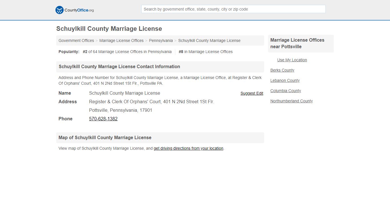 Schuylkill County Marriage License - County Office